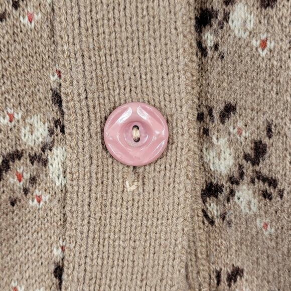 Vintage Floral Thick Knit Cardigan Womens L Mauve Tan Button Front Sweater - Picture 3 of 16